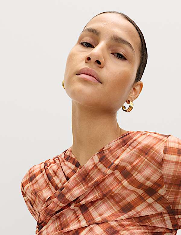 Mesh Jersey Checked V-Neck Wrap Top - KR
