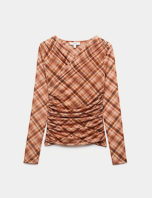 Mesh Jersey Checked V-Neck Wrap Top - KR
