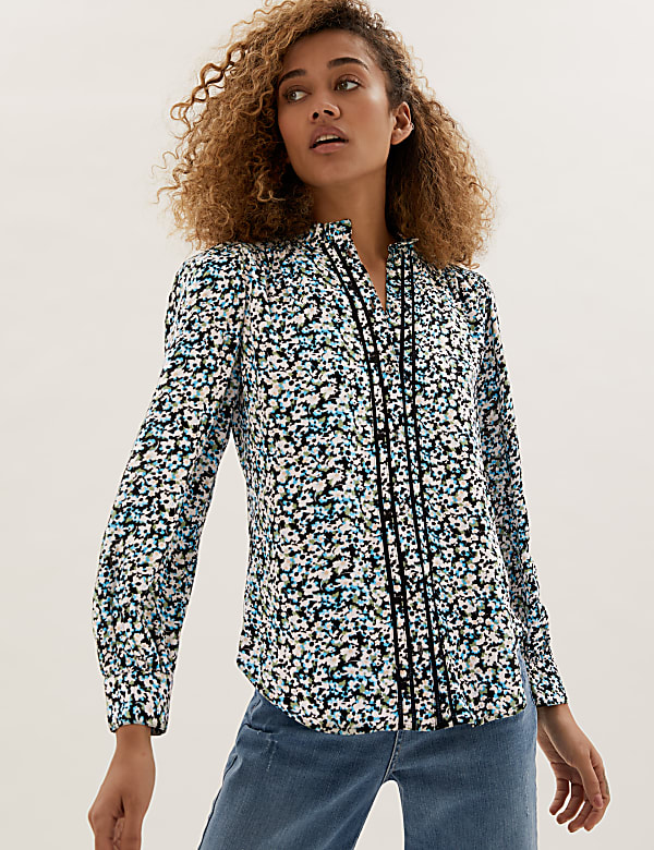 Printed Frill Neck Long Sleeve Blouse