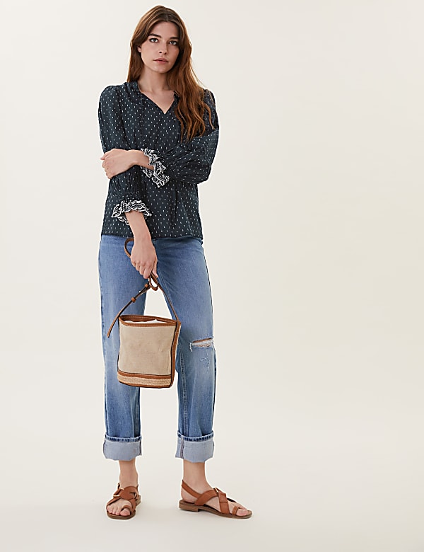 Pure Cotton Tie Neck Frill Detail Blouse