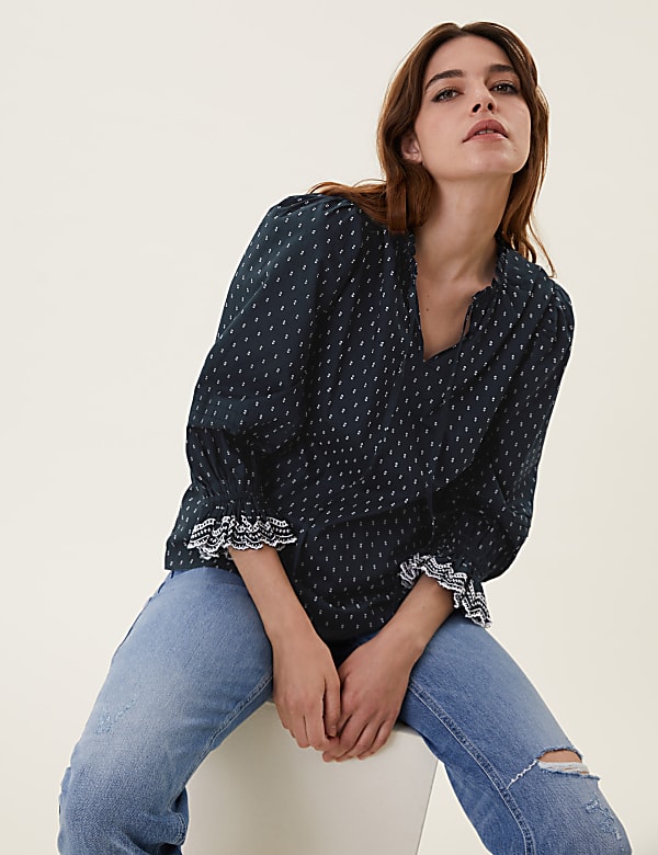 Pure Cotton Tie Neck Frill Detail Blouse