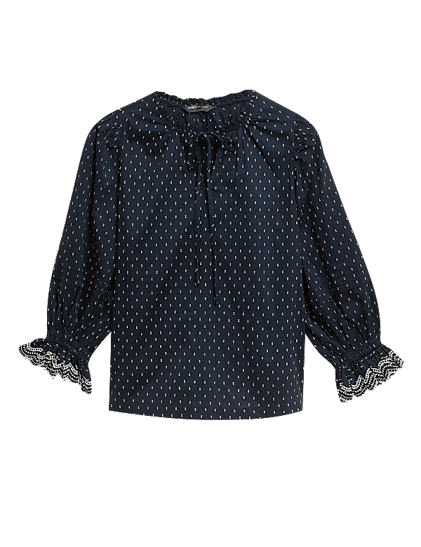 Pure Cotton Tie Neck Frill Detail Blouse