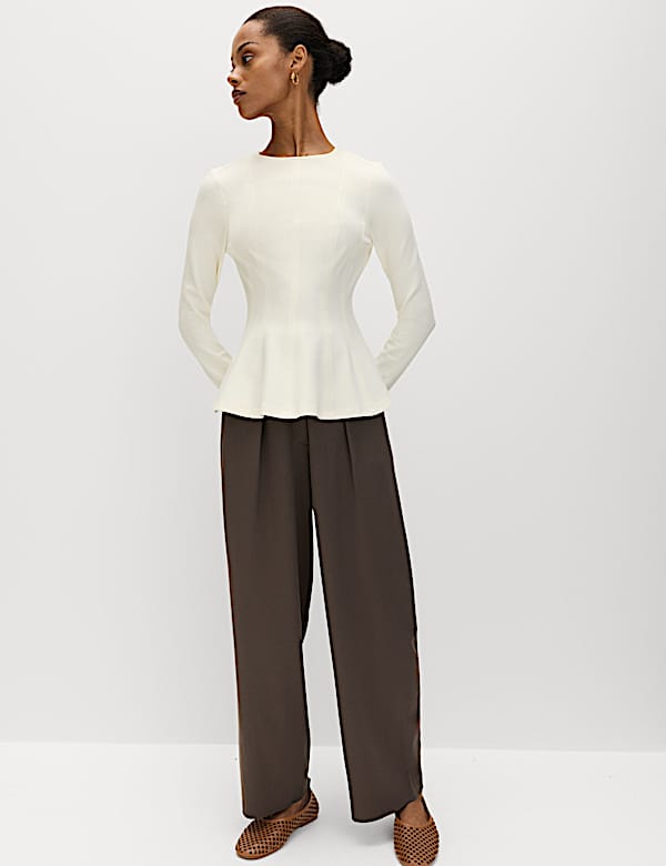 Waisted Long Sleeve Peplum Top | BLACK | Tops | M&S JE