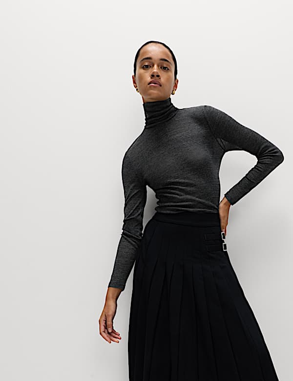 Funnel Neck Long Sleeve Slim Fit Top with Wool - JE