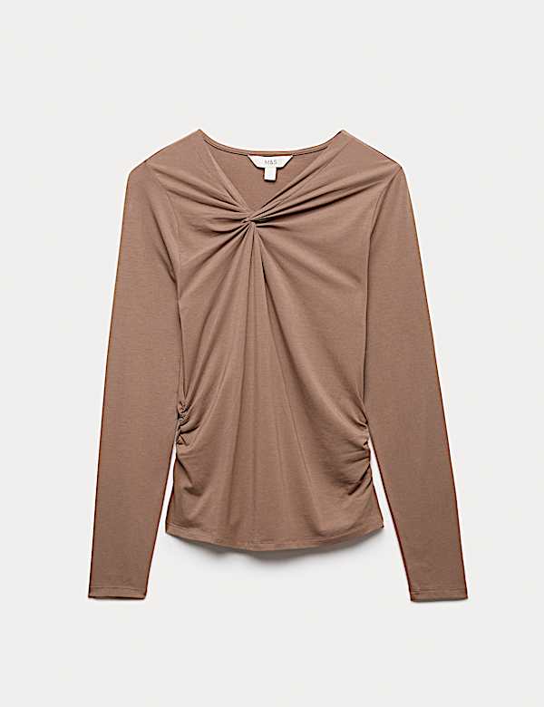 Cotton Blend Knotted Long Sleeve Top - AT