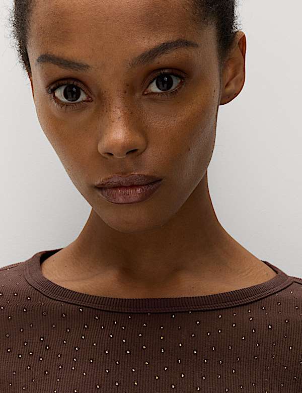 Katoenrijke geribbelde top met versiering - BE