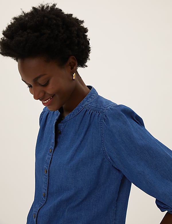 Denim Collarless Puff Sleeve Shirt