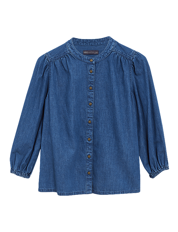 Denim Collarless Puff Sleeve Shirt
