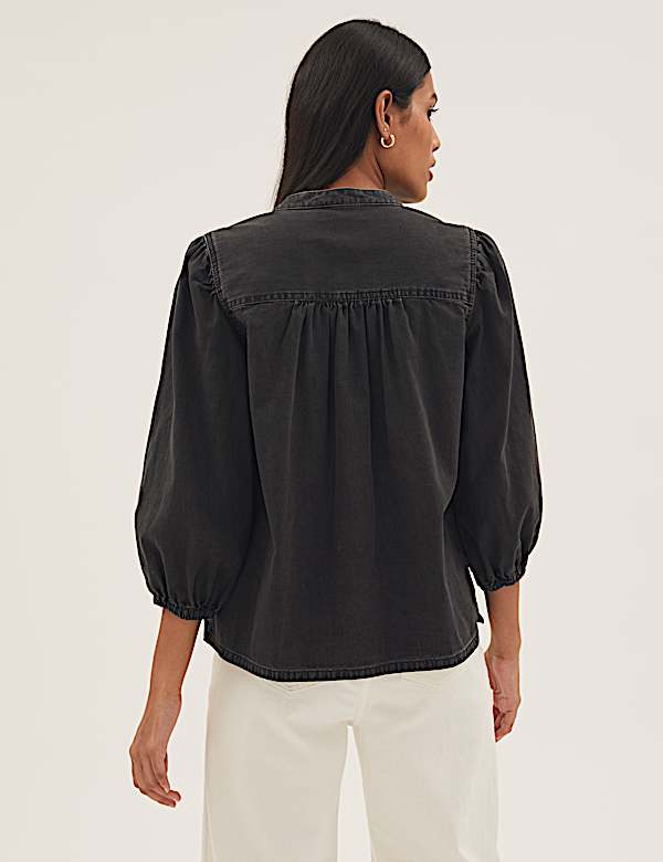 Denim Collarless Puff Sleeve Shirt