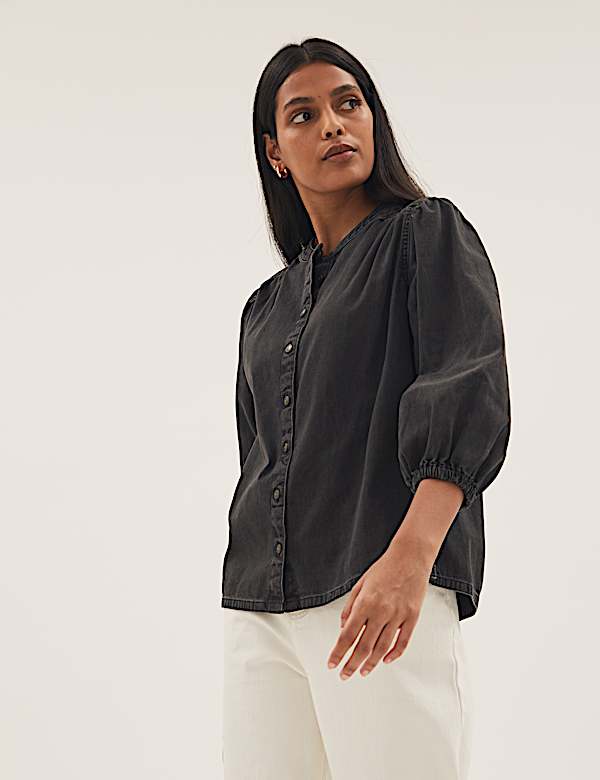 Denim Collarless Puff Sleeve Shirt