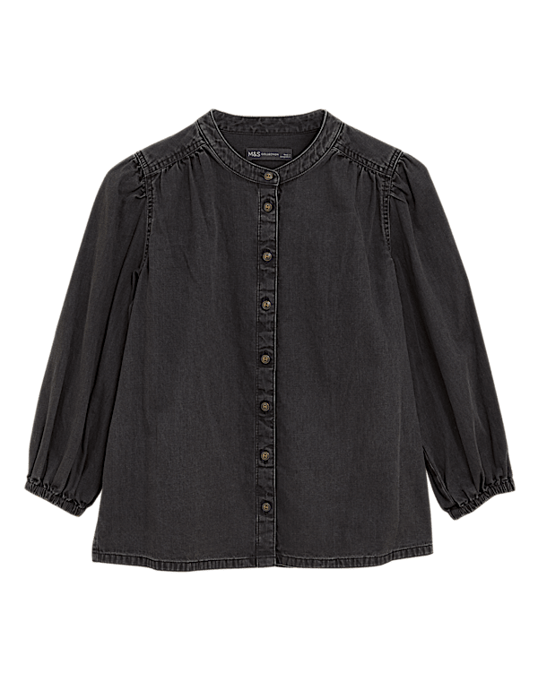 Denim Collarless Puff Sleeve Shirt