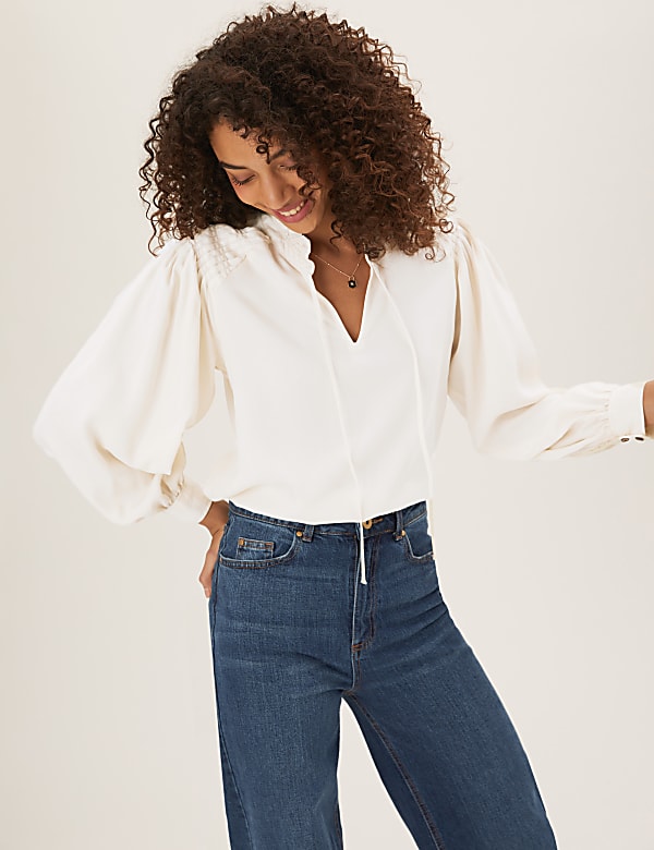 Pure Tencel™ Tie Neck Long Sleeve Blouse