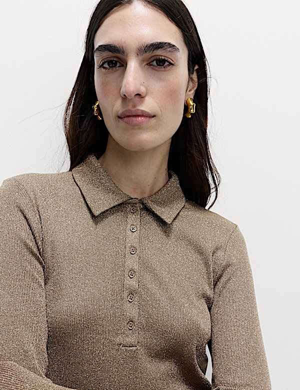 Sparkly Collared Button Detail Long Sleeve Top - AU