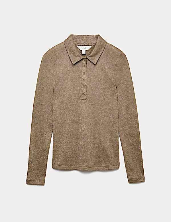 Sparkly Collared Button Detail Long Sleeve Top - AU