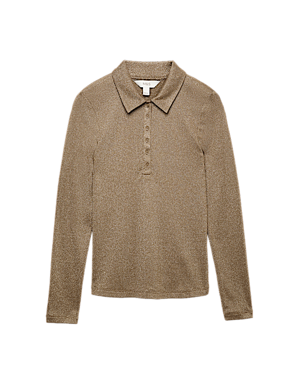 Sparkly Collared Button Detail Long Sleeve Top