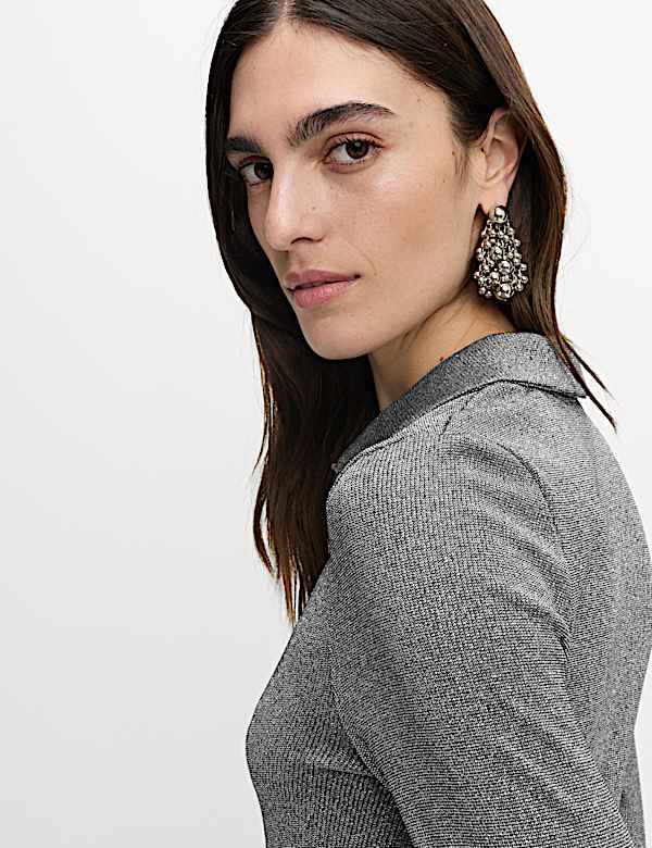 Sparkly Collared Button Detail Long Sleeve Top