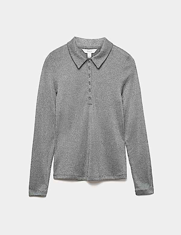 Sparkly Collared Button Detail Long Sleeve Top - CZ