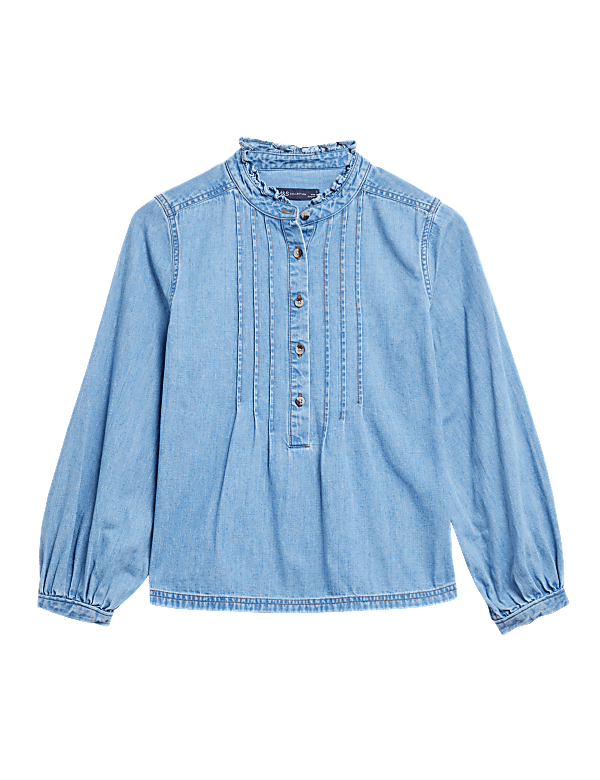 Pure Cotton Pleated Mandarin Collar Top