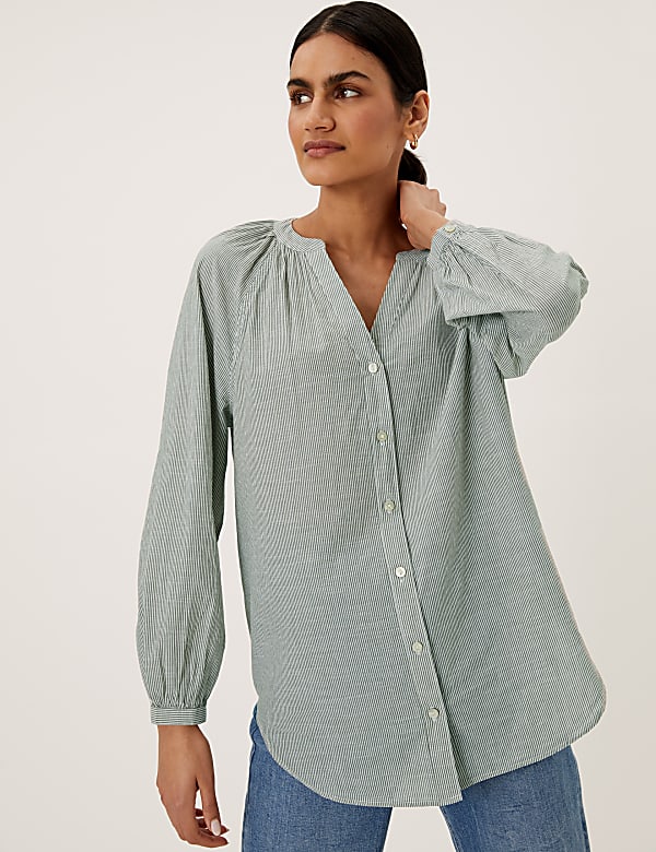Pure Cotton Striped Long Sleeve Blouse