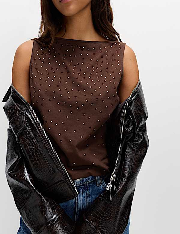 Cotton Rich Embellished Slash Neck Vest