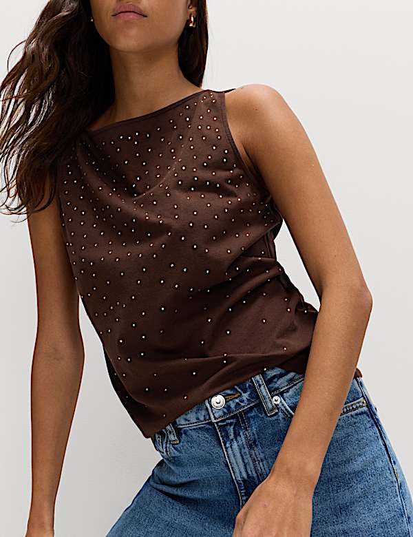 Cotton Rich Embellished Slash Neck Vest