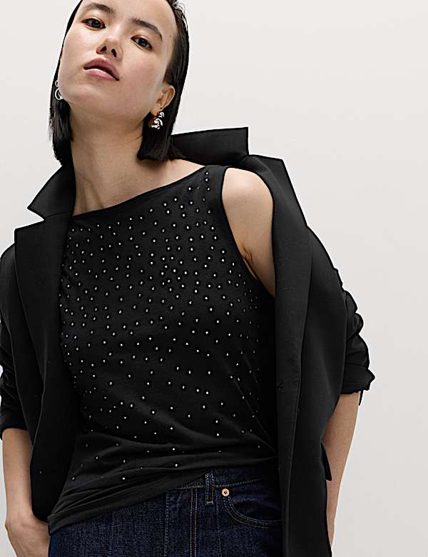 Cotton Rich Embellished Slash Neck Vest