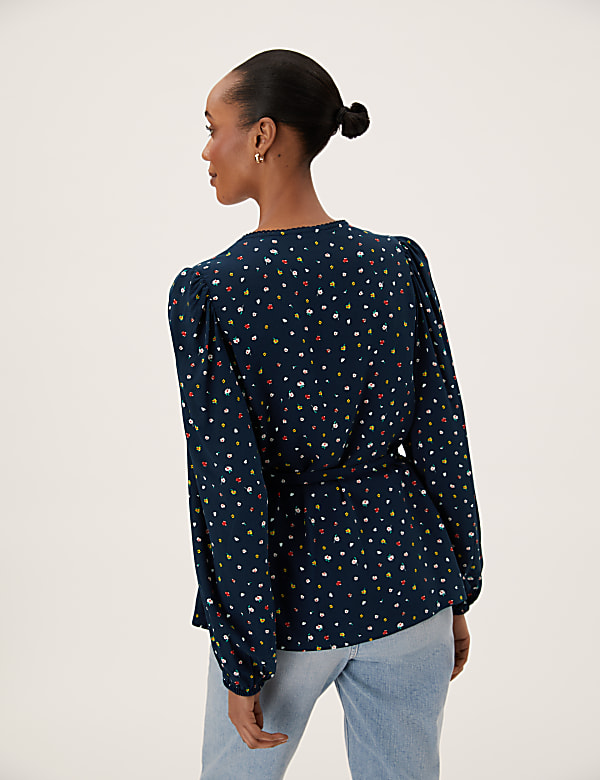 Printed V-Neck Tie Front Blouse