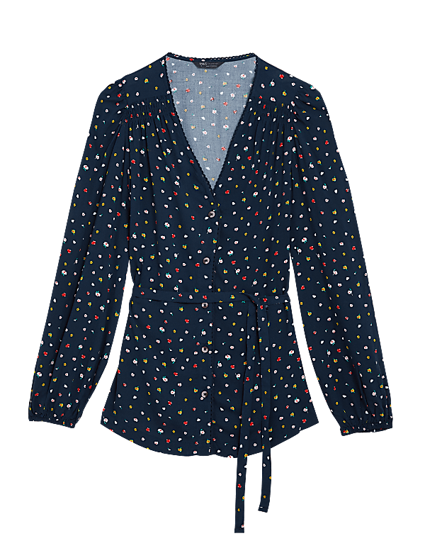 Printed V-Neck Tie Front Blouse