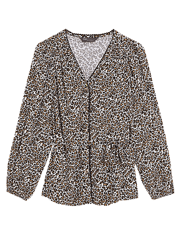 Printed V-Neck Tie Front Blouse