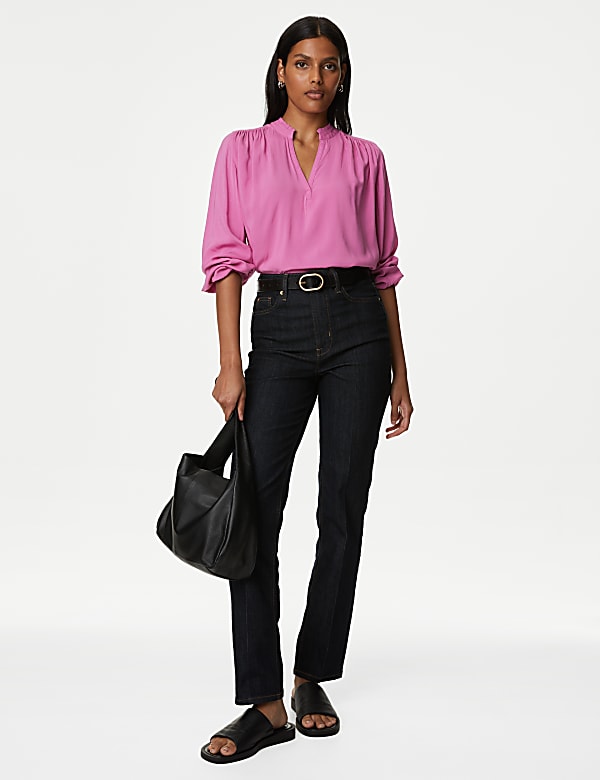 Collarless Regular Fit Long Sleeve Blouse