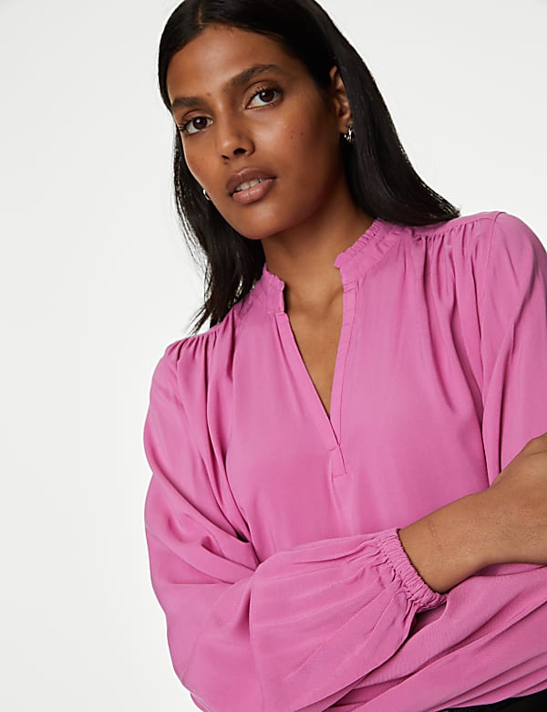 Collarless Regular Fit Long Sleeve Blouse