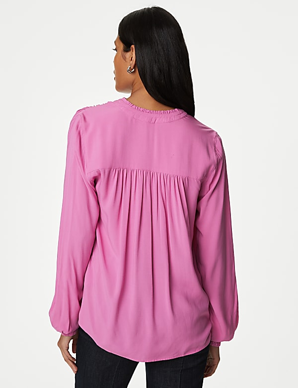 Collarless Regular Fit Long Sleeve Blouse