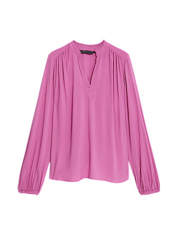 Collarless Regular Fit Long Sleeve Blouse