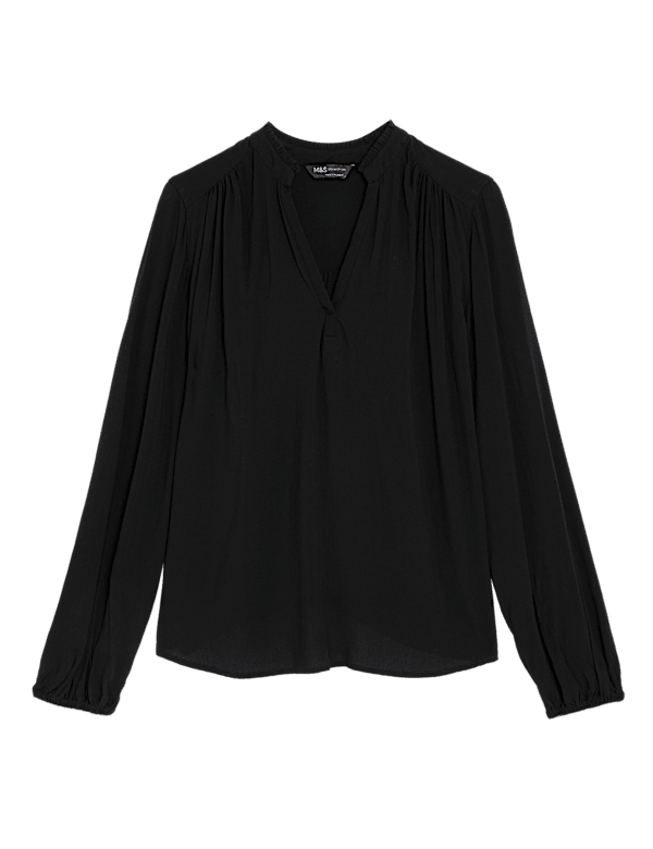 Collarless Regular Fit Long Sleeve Blouse