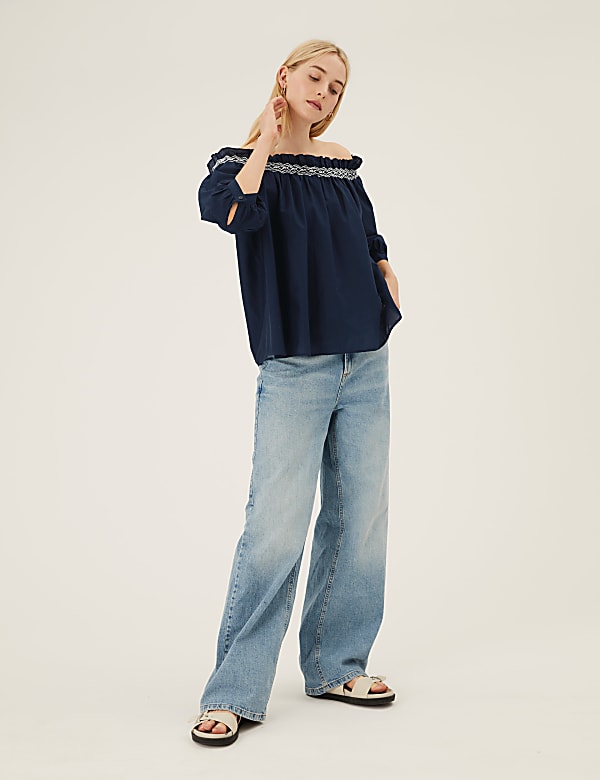 Pure Cotton Embroidered Off the Shoulder Blouse