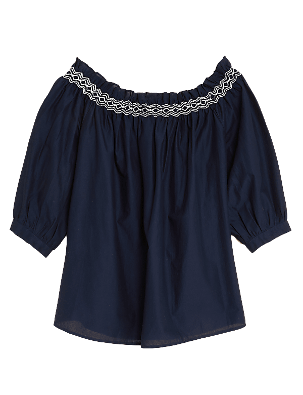 Pure Cotton Embroidered Off the Shoulder Blouse