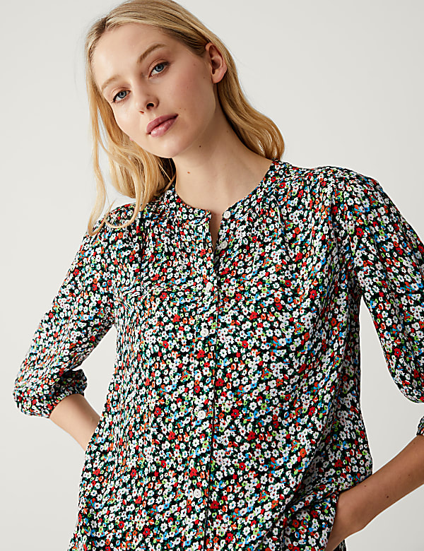 Floral Button Detail 3/4 Sleeve Blouse