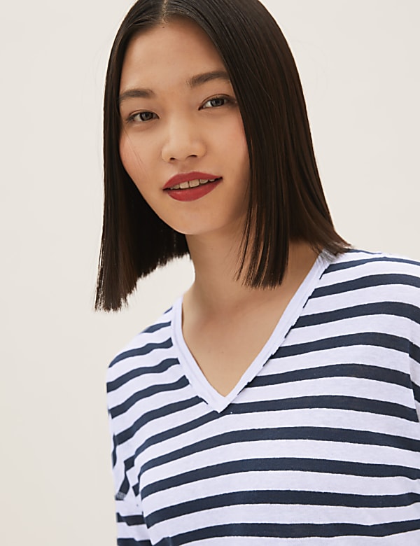 Linen Rich Striped V-Neck Long Sleeve Top