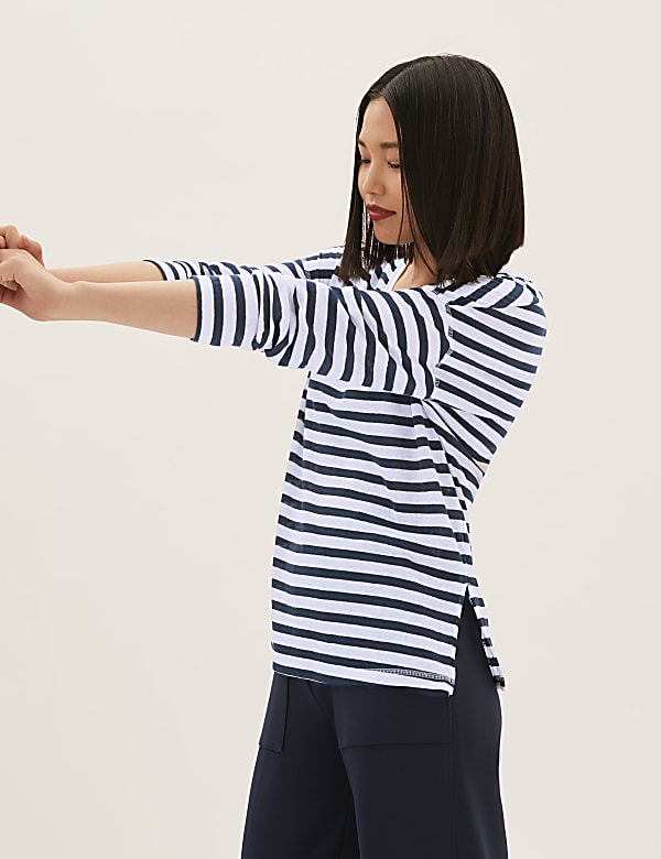 Linen Rich Striped V-Neck Long Sleeve Top