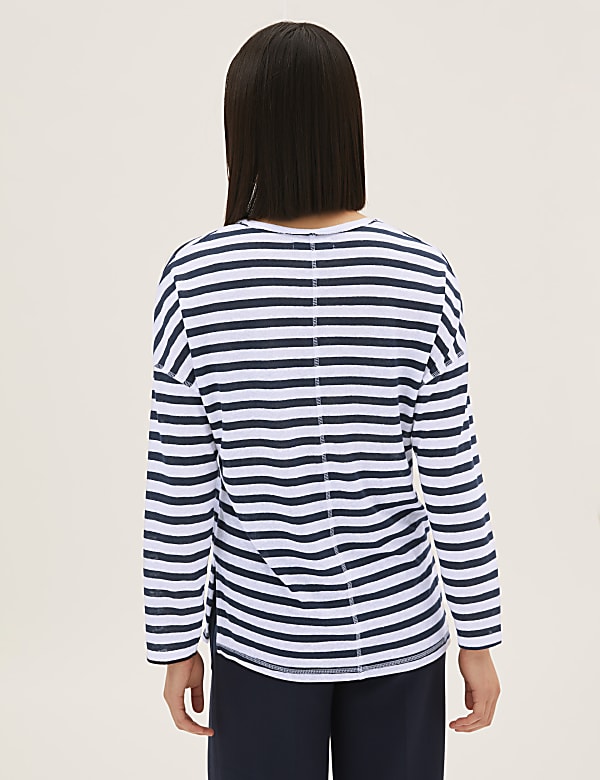 Linen Rich Striped V-Neck Long Sleeve Top