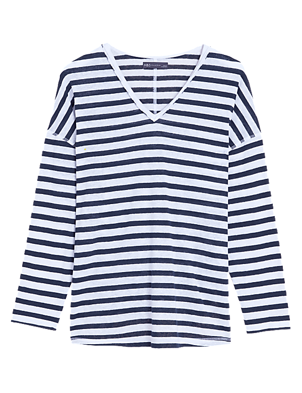 Linen Rich Striped V-Neck Long Sleeve Top