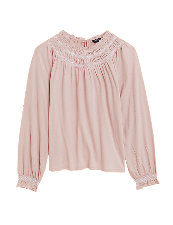 Pure Cotton Smocked Detail Long Sleeve Top