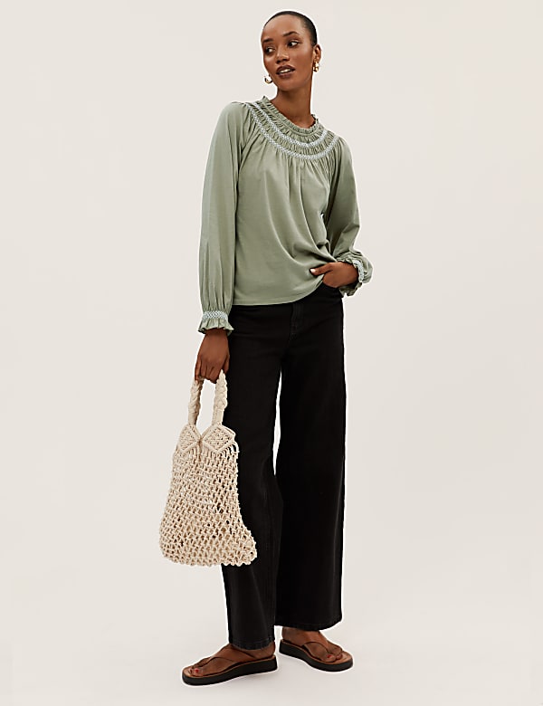 Pure Cotton Smocked Detail Long Sleeve Top
