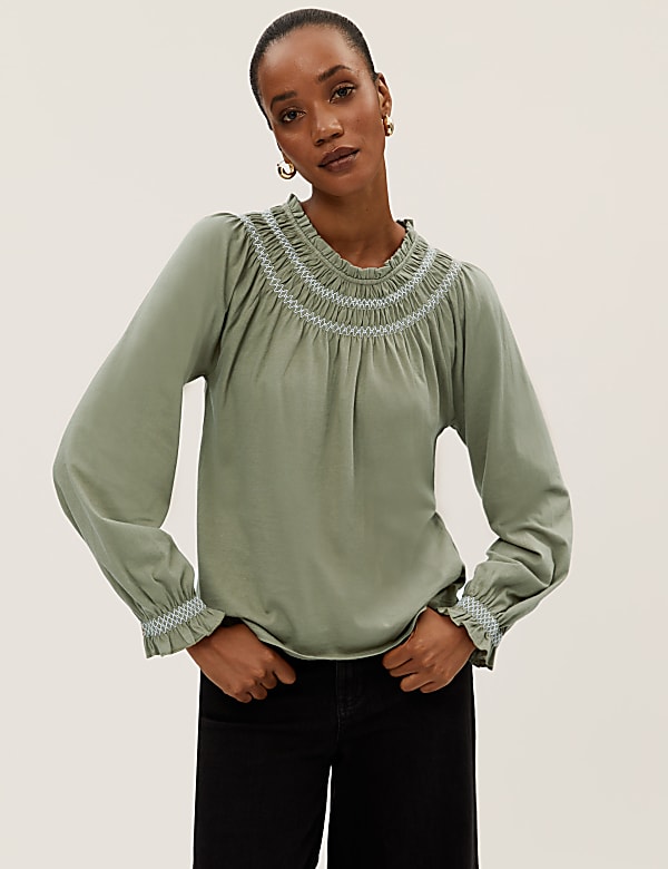 Pure Cotton Smocked Detail Long Sleeve Top