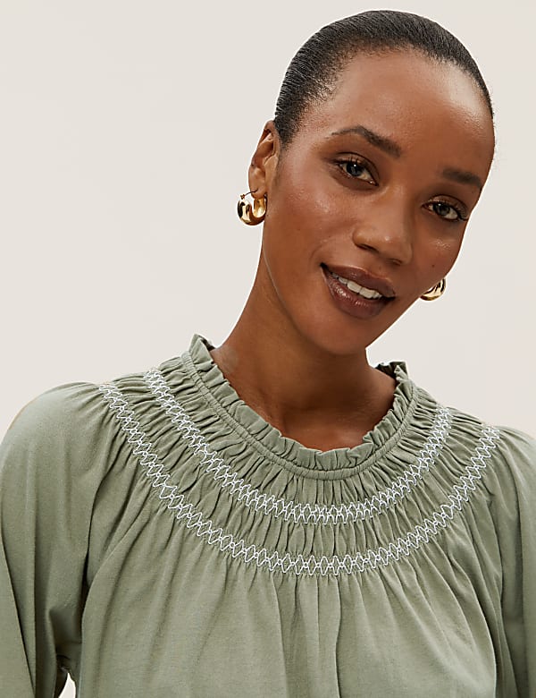 Pure Cotton Smocked Detail Long Sleeve Top