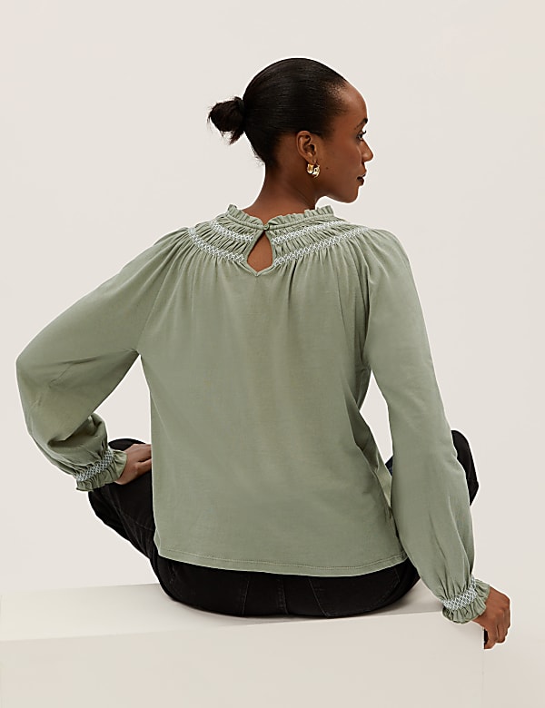 Pure Cotton Smocked Detail Long Sleeve Top