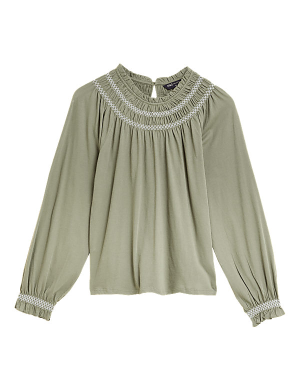 Pure Cotton Smocked Detail Long Sleeve Top