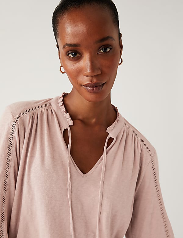 Pure Cotton Embroidered Tie Neck Top