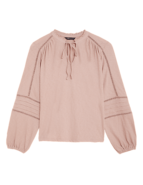 Pure Cotton Embroidered Tie Neck Top