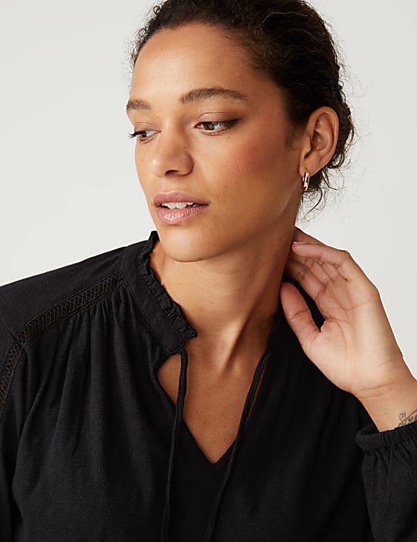 Pure Cotton Embroidered Tie Neck Top